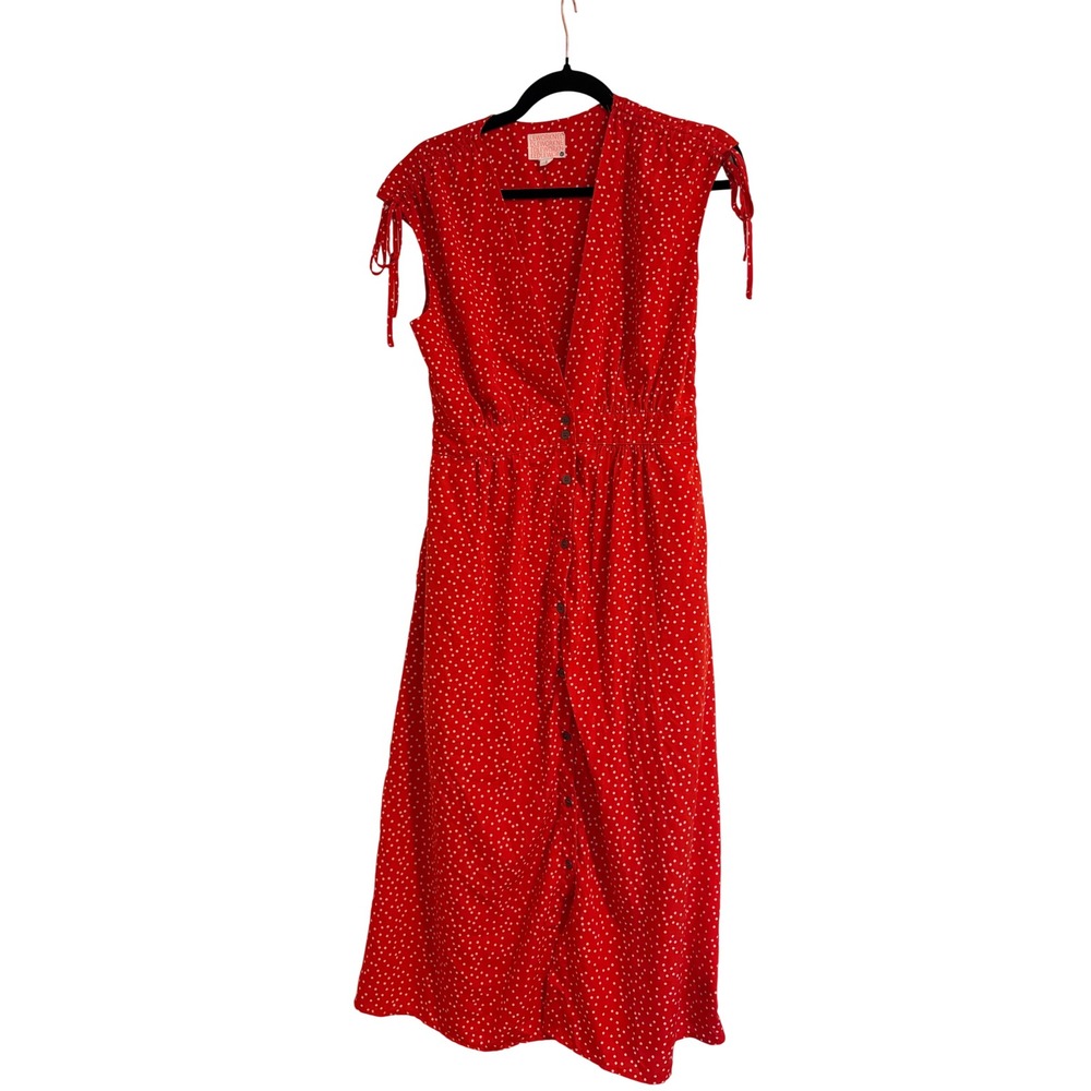 Needle & Thread Red Polka Dot Button Front Midi Dress Tie Sleeve V-Neck Medium